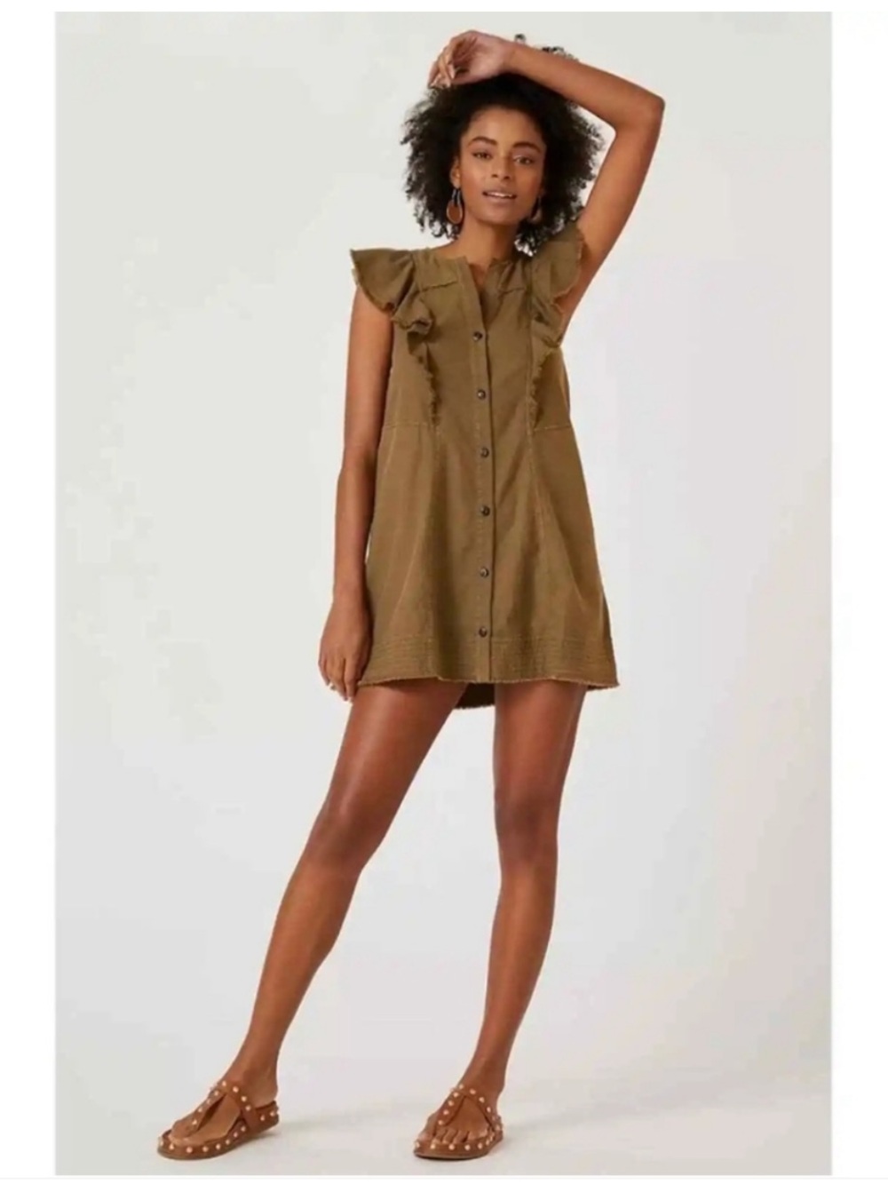 Anthropologie Pilcro Moss Green Flutter Sleeve Button Front Mini Dress Size S